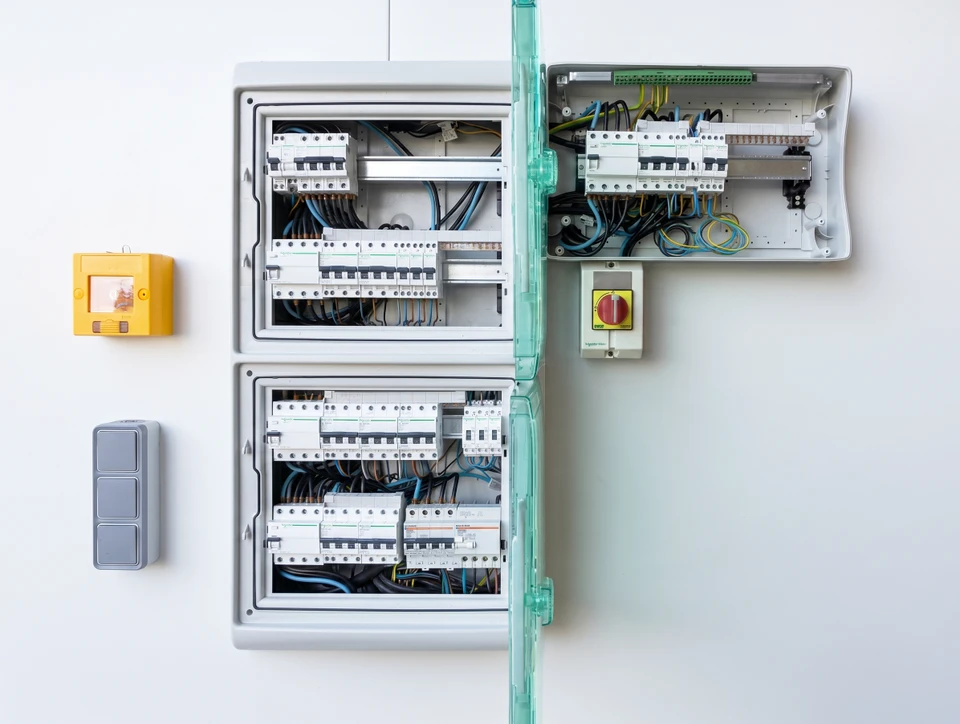Électricien professionnel en tenue de travail avec gants blancs intervenant sur un tableau électrique industriel
